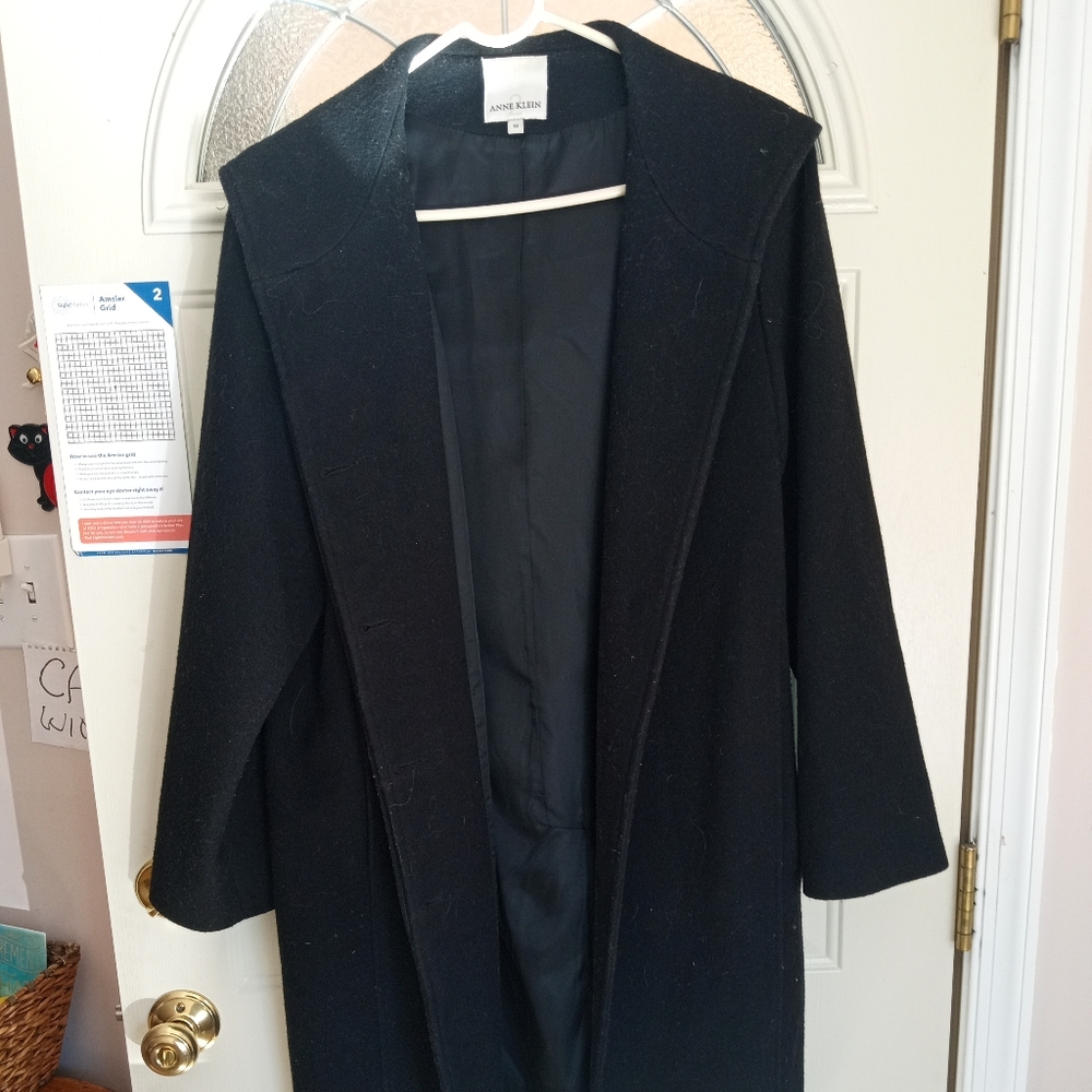 Anne Klein black knee length wool coat with buttons and hood.